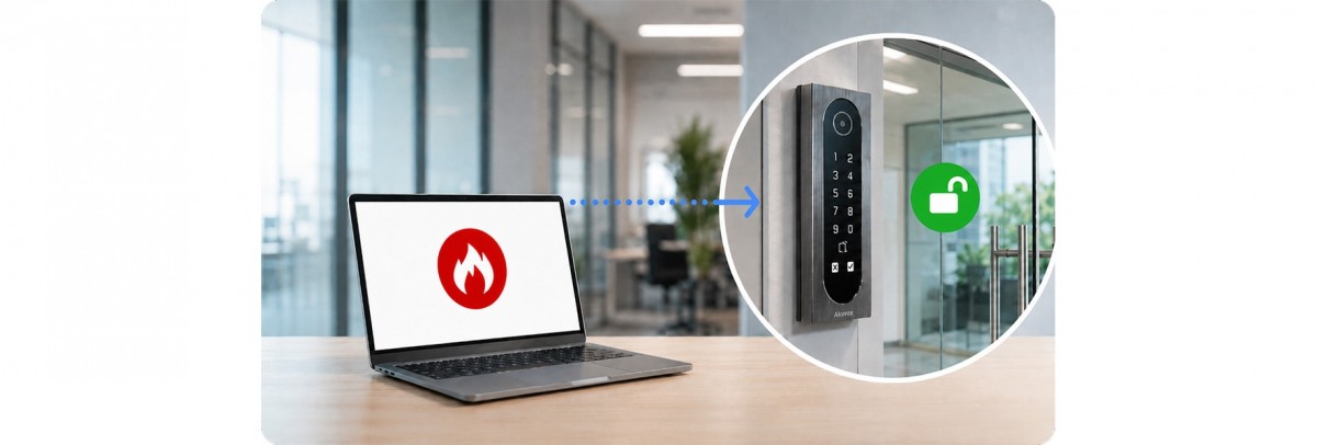 image shows computer with a fire icon highlighting an emergency and informing the A08 intercom to open.