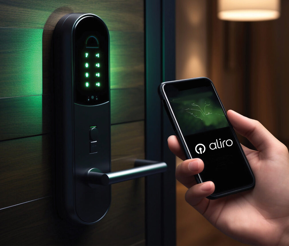 Aliro logo on a mobile device with an access control system