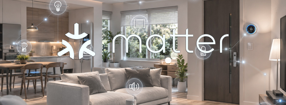 Matter logo over a house with home automation