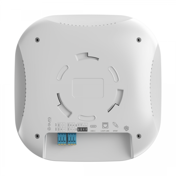 Auracast white broadcast terminal for room equipment. 100 m free-field coverage. Supplied with power supply.