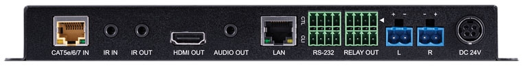 P-HDMI over Single CAT5e/6/7 HDBaseT Receiver (full 5-Play™ & Single LAN up to 100m, PoH) with Audio Amplifier