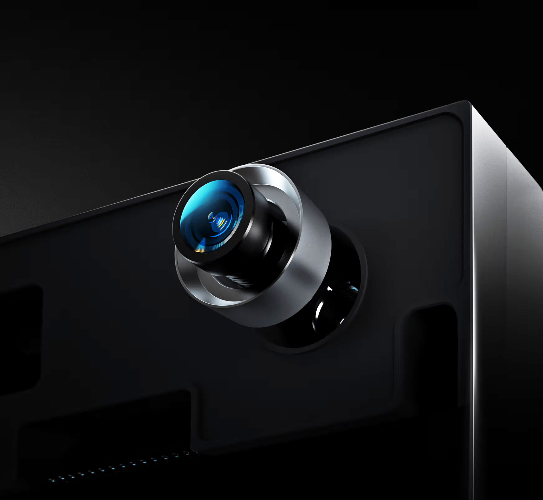 Close-up of a premium smart intercom camera lens integrated into a black glass front panel