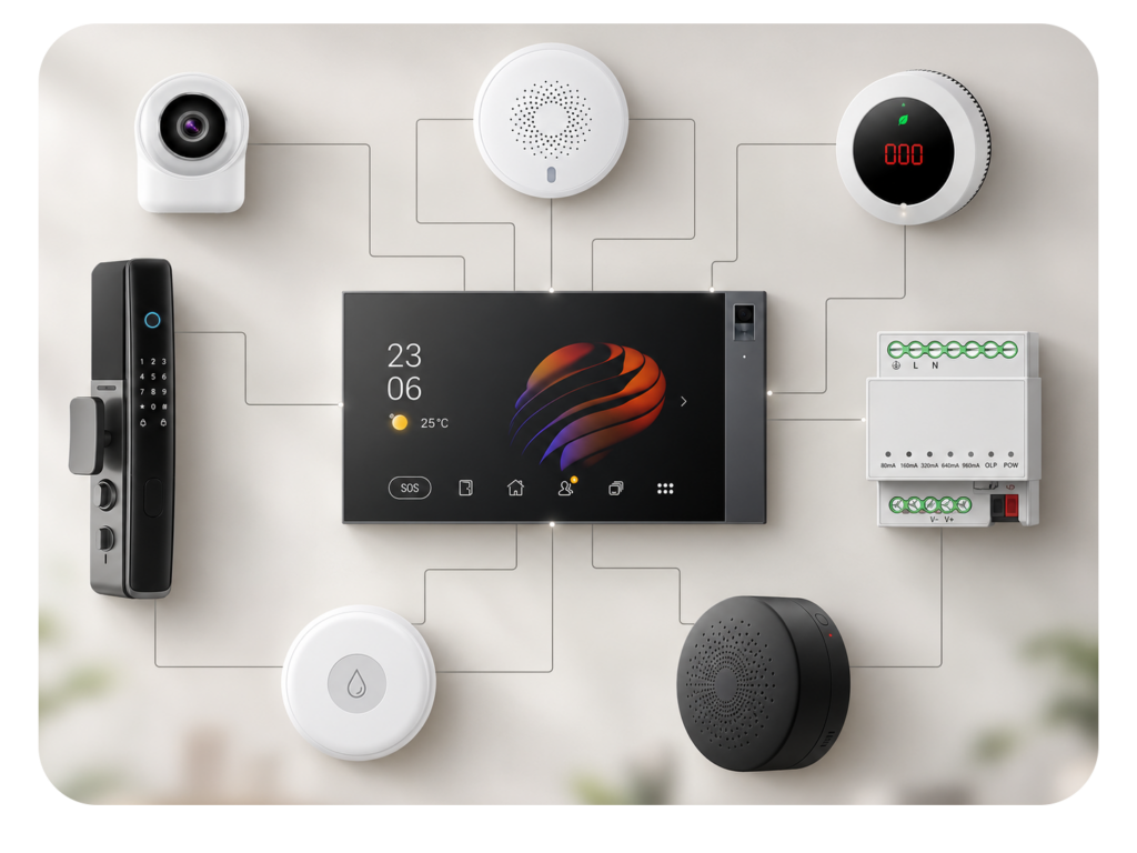 Integrated smart home control system with central touchscreen connected to smart lock, camera, sensors, alarm devices and gateway