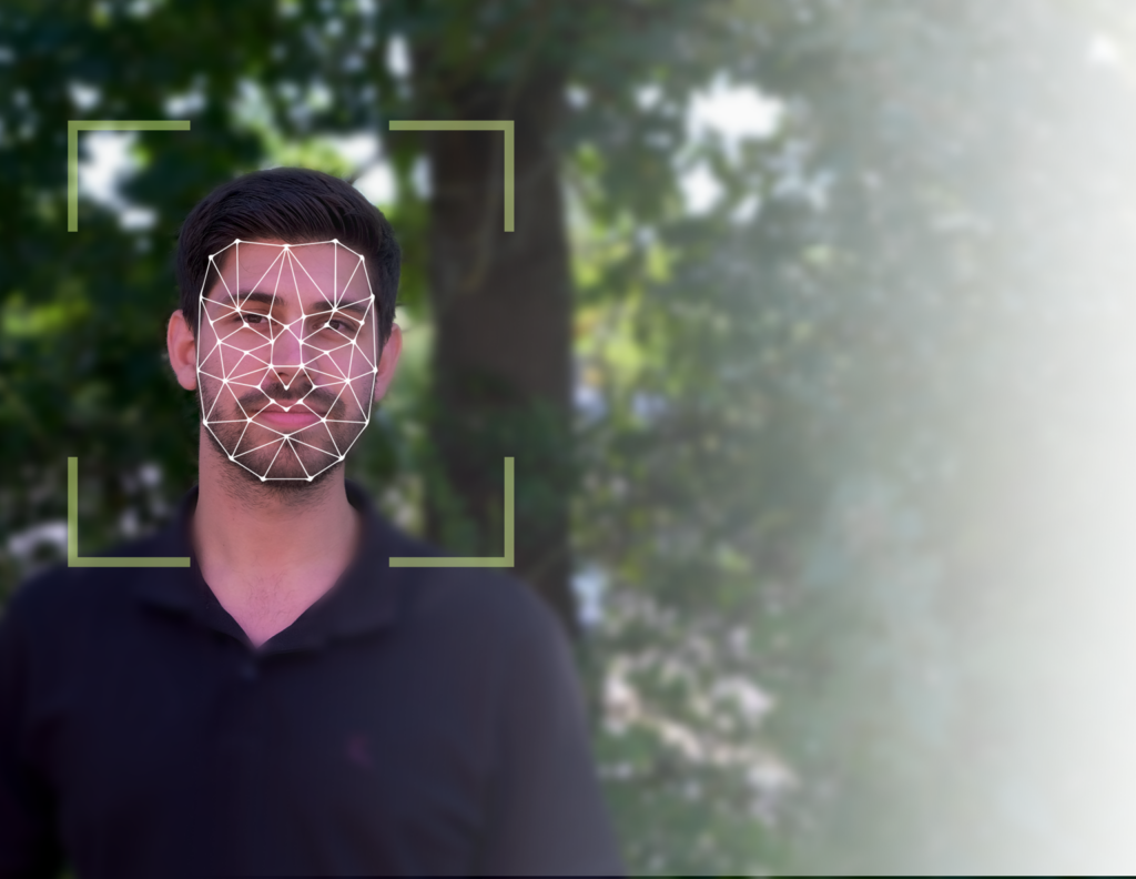 SAFR facial recognition technology detecting a person’s face with biometric mapping in an outdoor environment