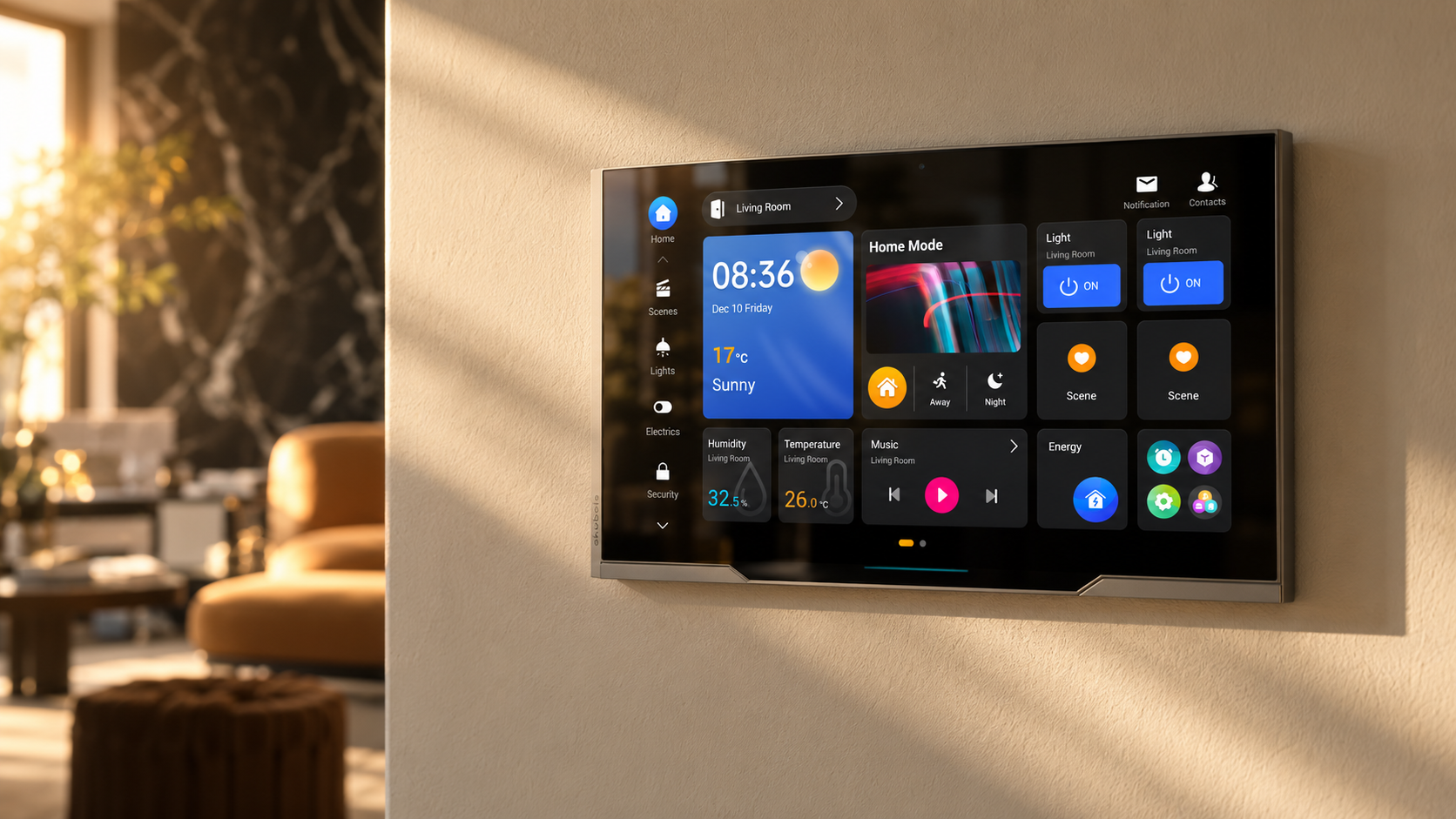 Akubela HyPanel smart home control panel mounted on a wall displaying lighting, climate, security and media controls