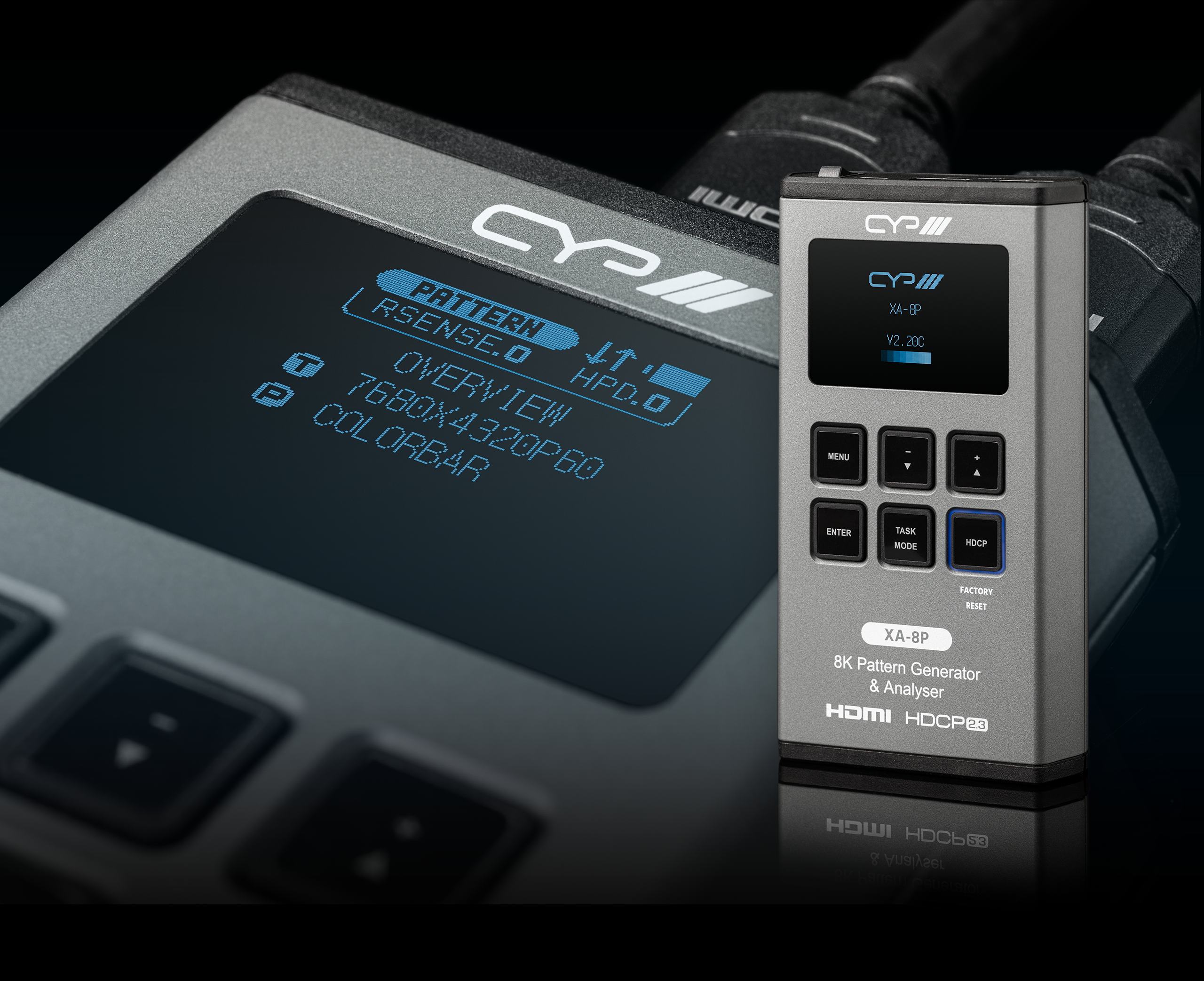 CYP XA-8P 8K pattern generator and analyser with display, control buttons and HDMI HDCP 2.3 support
