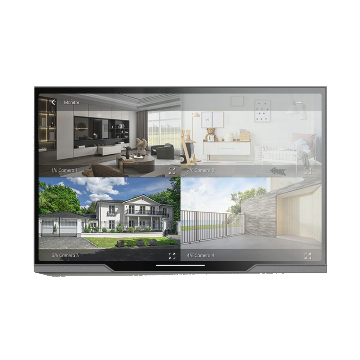 Akubela HyPanel smart home control screen displaying multiple indoor and outdoor camera feeds