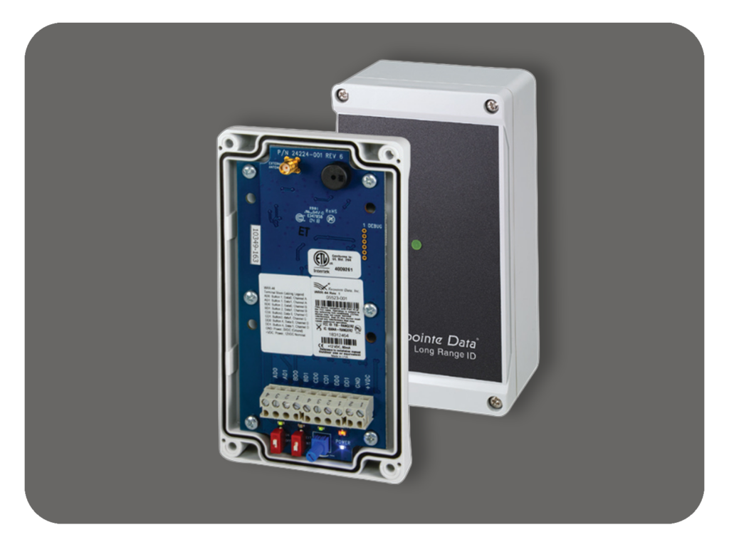 Farpoint Data long-range RFID reader shown with front enclosure and exposed internal circuit board
