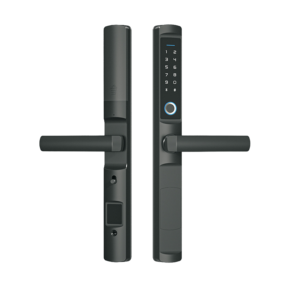 Akubela Smart Lock F2 in black, shown from both sides with keypad, fingerprint reader and integrated door handles