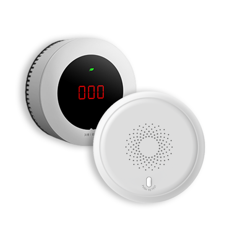 Two round smart home sensors, including a digital gas detector and a white alarm sensor with test button