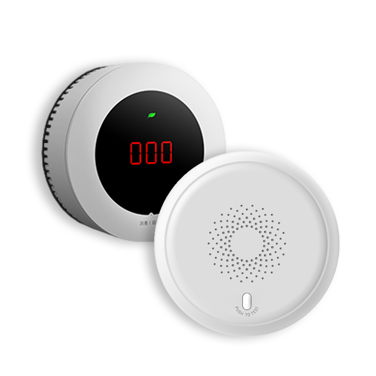 Two round smart home sensors, including a digital gas detector and a white alarm sensor with test button