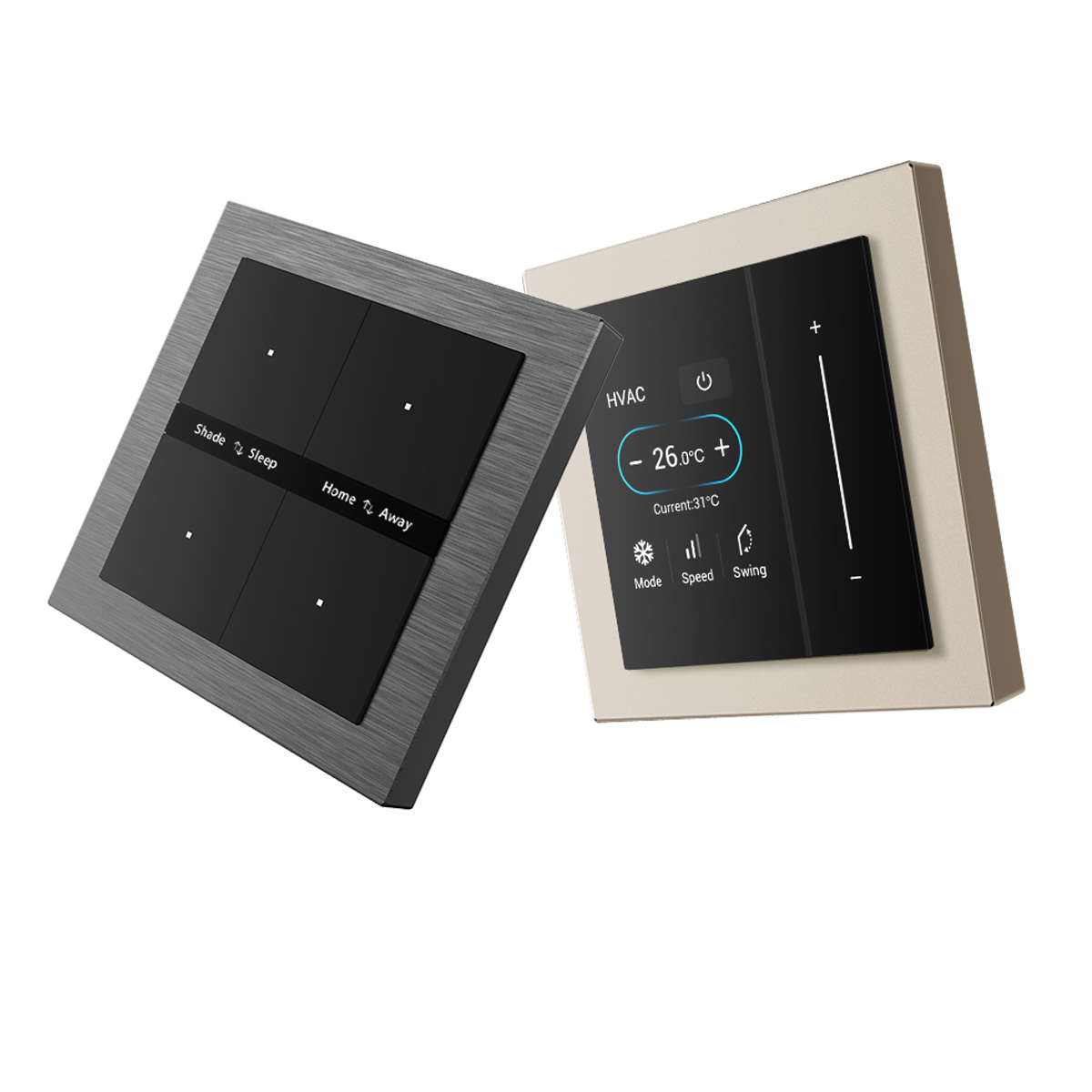 Akubela smart wall switches with scene controls and touchscreen HVAC temperature adjustment interface